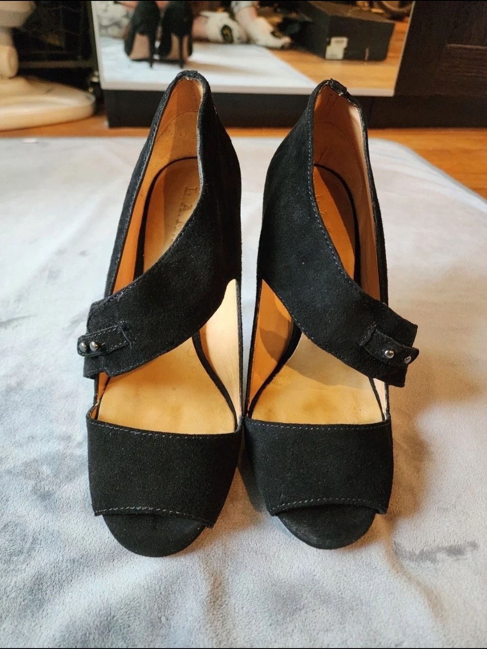 L.A.M.B. Black Leather Suade Open Toe Women's Stiletto Heels